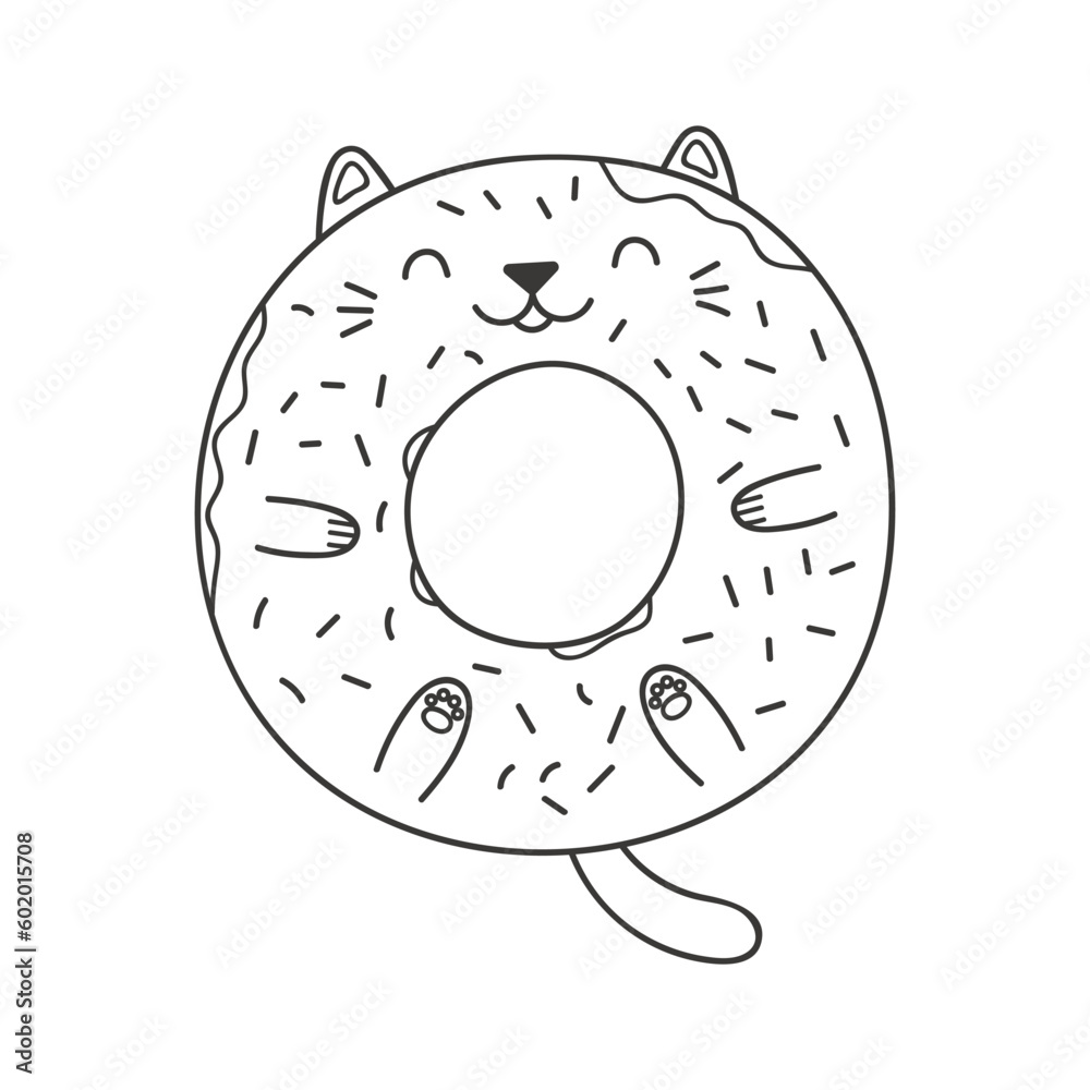 Cute donut with kawaii cat face cartoon character illustration hand drawn style design line art isolated vector black and white coloring pages print element logo sweet food cafe menu vector