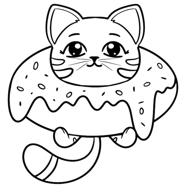 Premium vector hand drawn cute cartoon cat with donut coloring page outline illustration