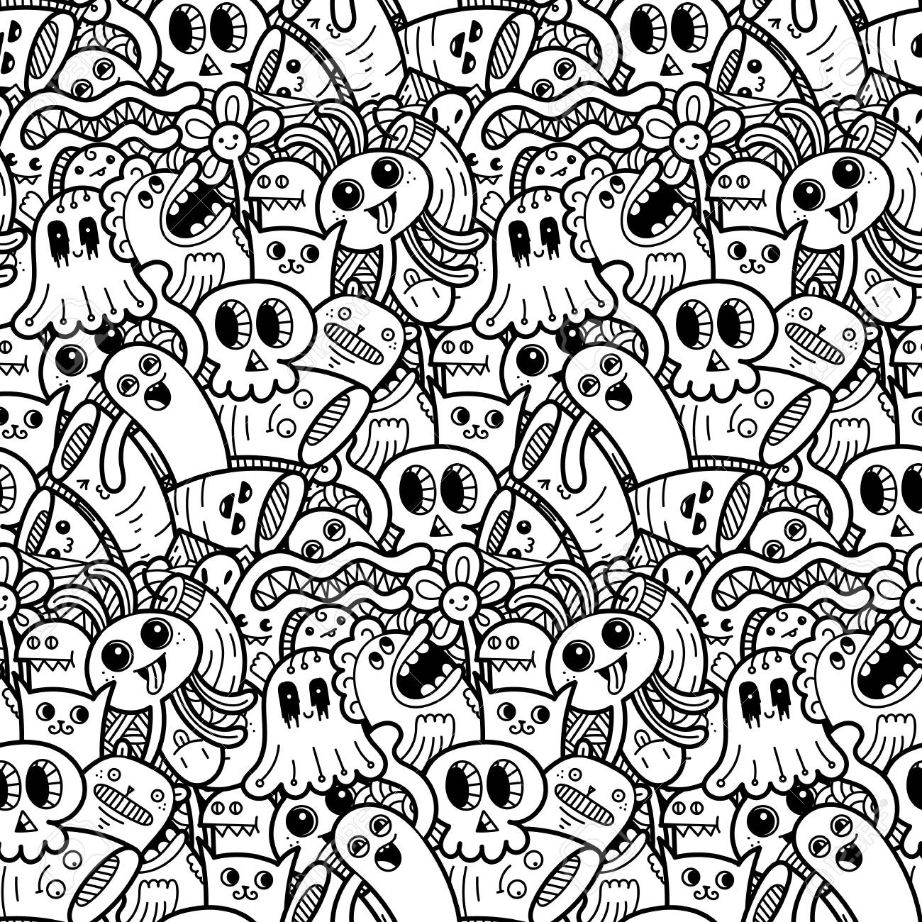 Funny doodle monsters seamless pattern for prints designs and children books vector illustration for coloring pages royalty free svg cliparts vectors and stock illustration image
