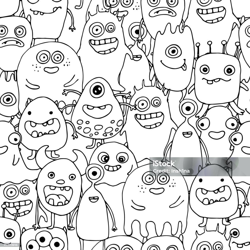 Seamless pattern with doodle monsters coloring page stock illustration