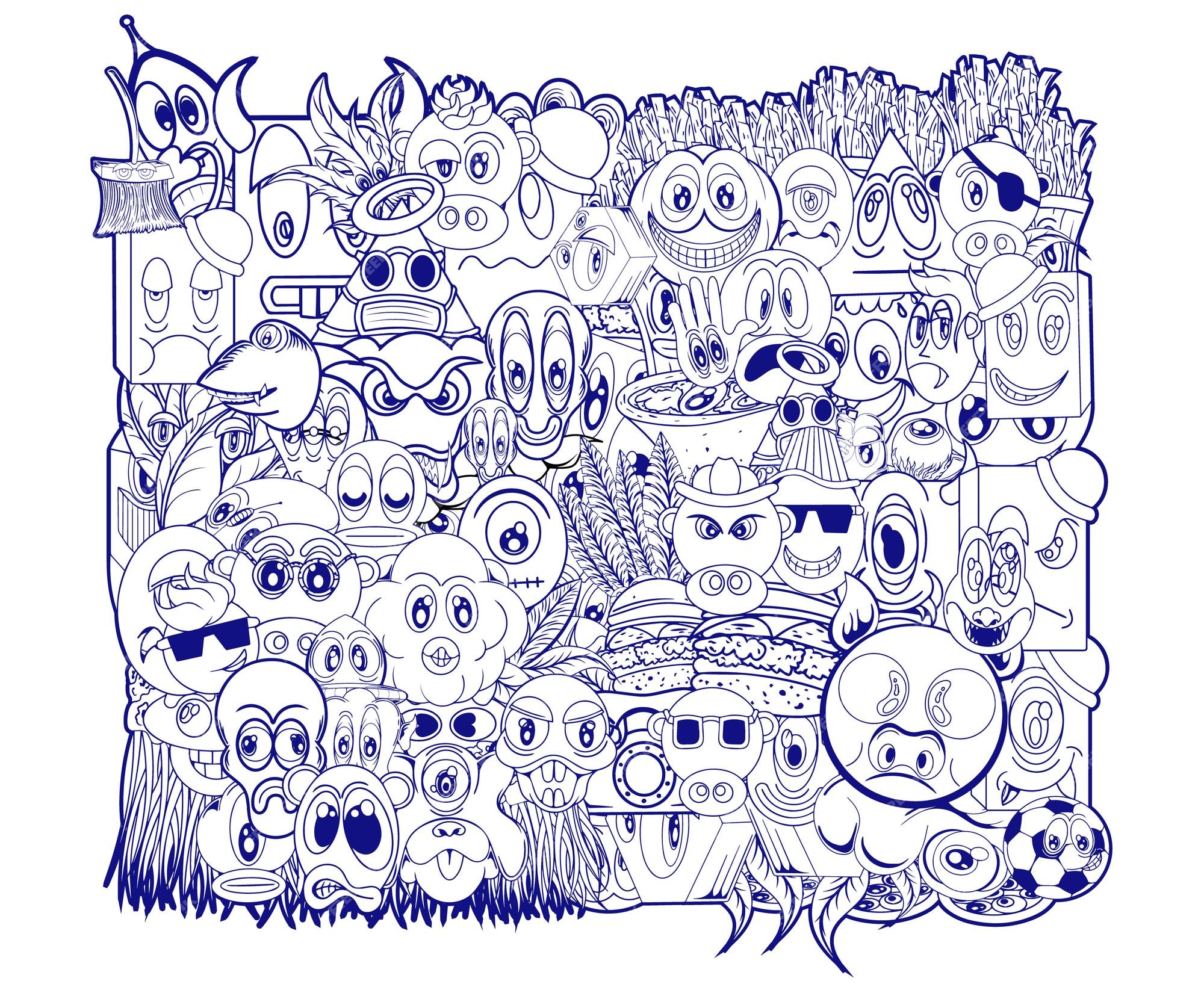 Premium vector black and white monsters in the style of a doodle coloring pages for adults