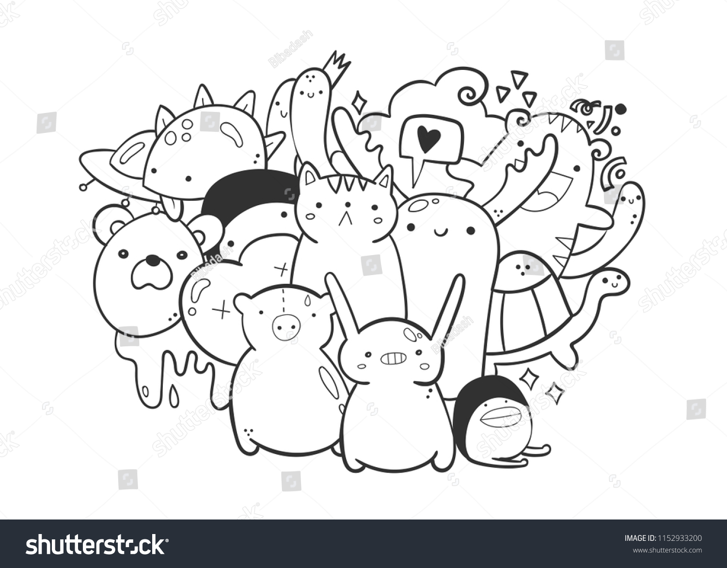 Cute monsters doodle coloring page hand stock vector royalty free