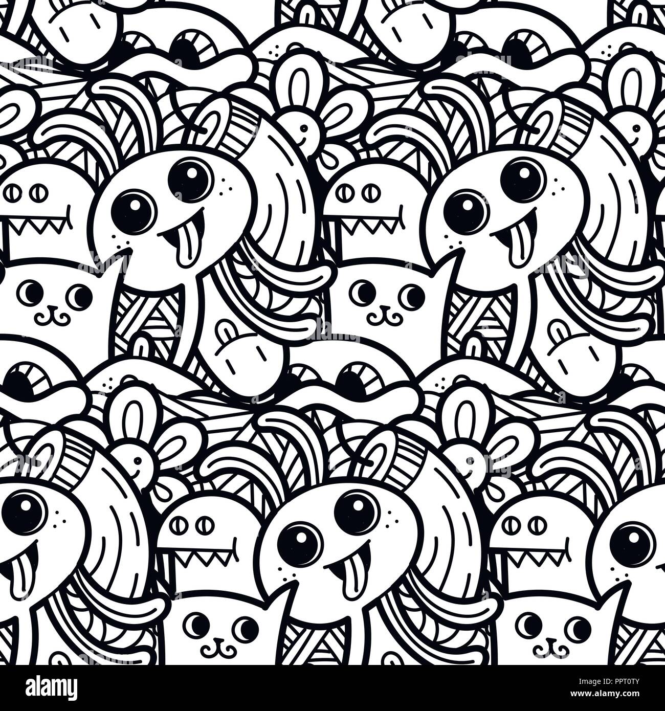 Funny doodle monsters seamless pattern for prints designs and children books vector illustration for coloring pages stock vector image art
