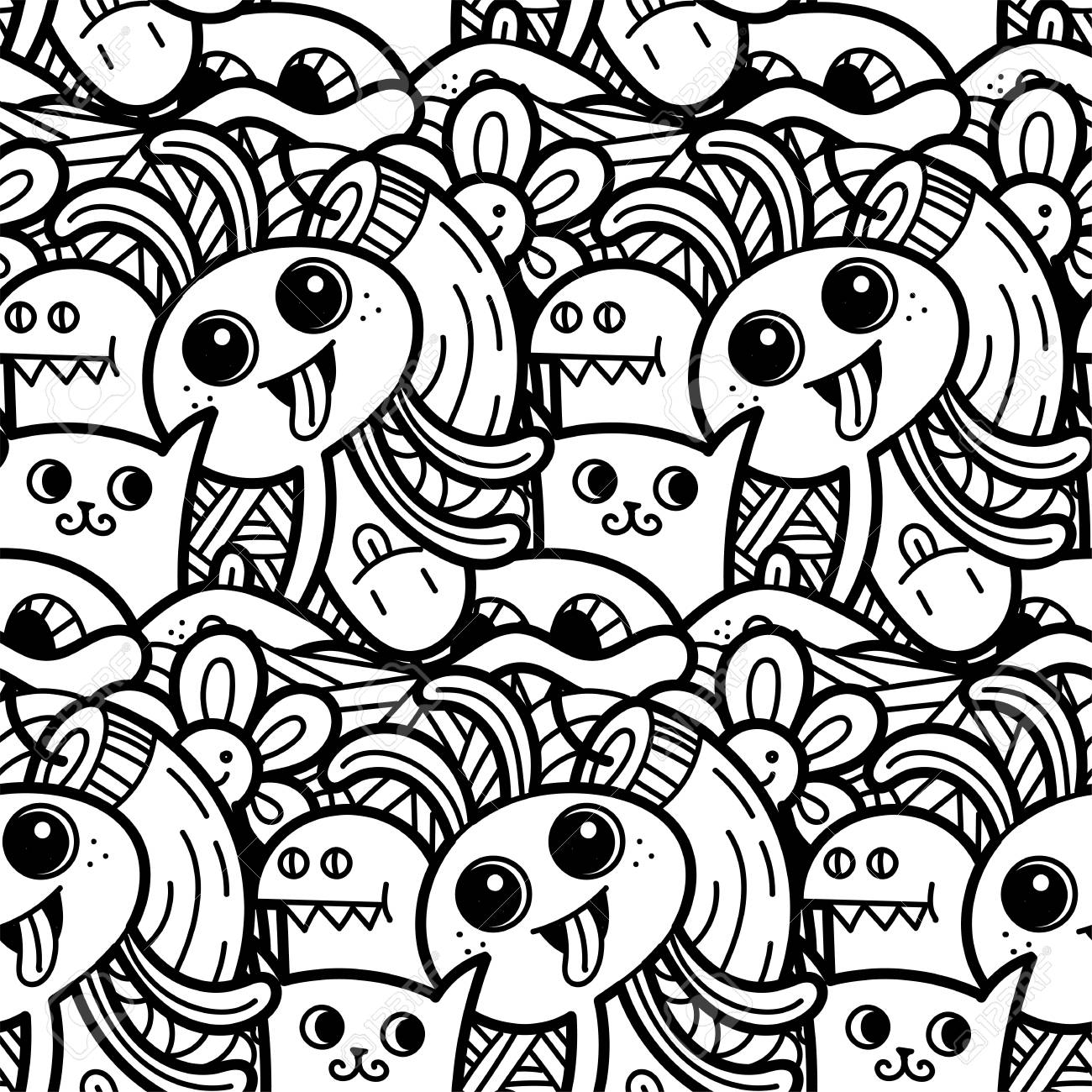 Funny doodle monsters seamless pattern for prints designs and children books vector illustration for coloring pages royalty free svg cliparts vectors and stock illustration image