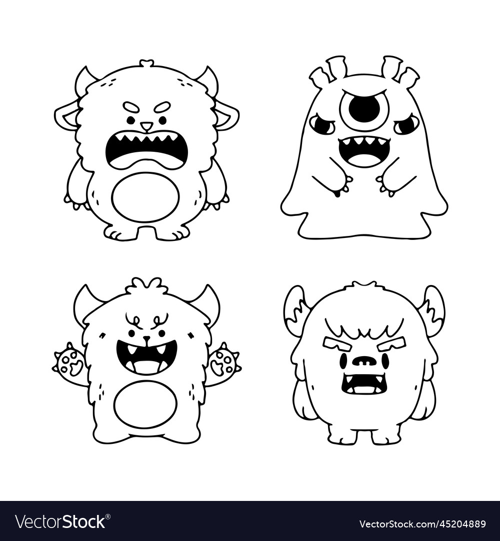 Adorable little monsters coloring page doodle vector image