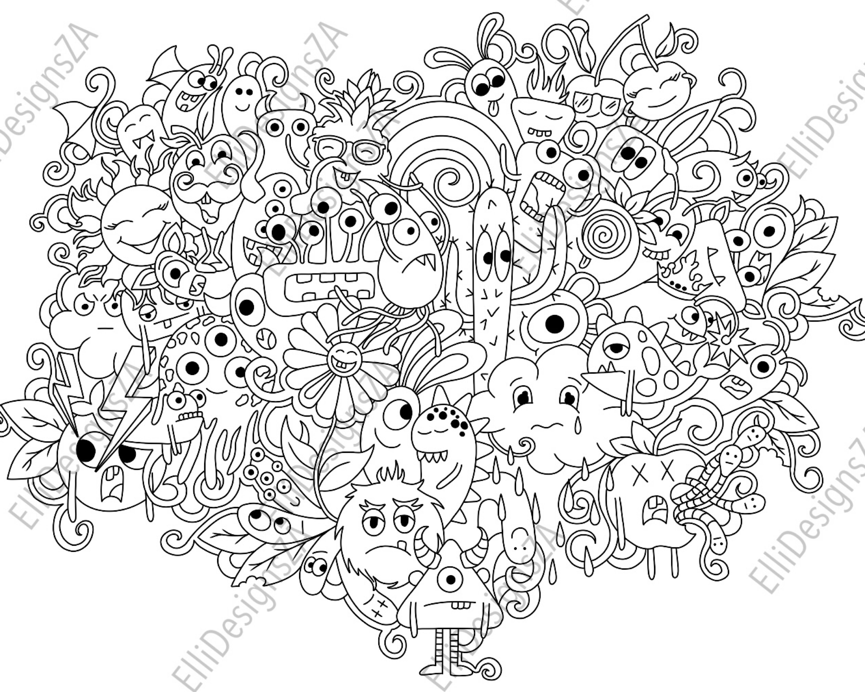 Doodle monsters coloring page
