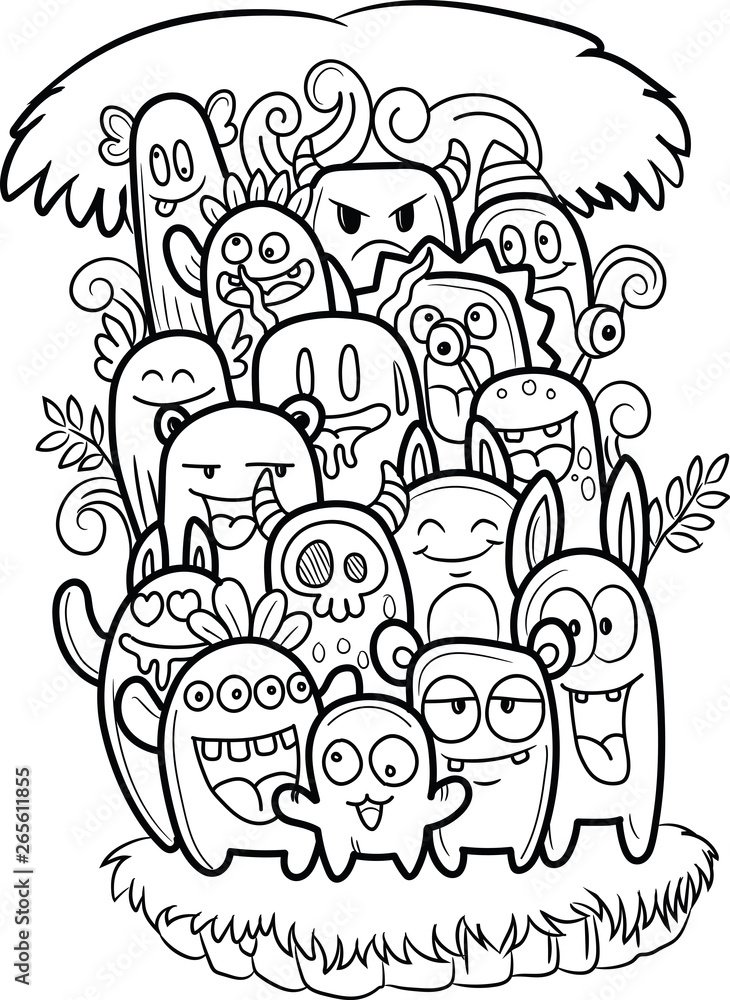 Vector illustration of cute doodle monster black and white isolated for coloring book vector