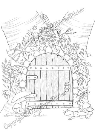 Fairy door colouring page home sweet home