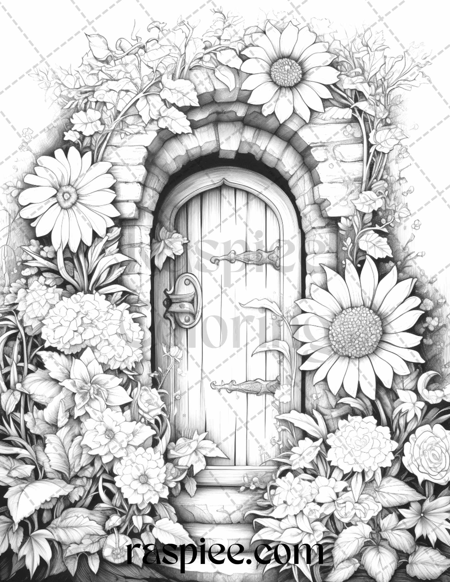 Flower fairy doors grayscale coloring pages printable for adults p â coloring