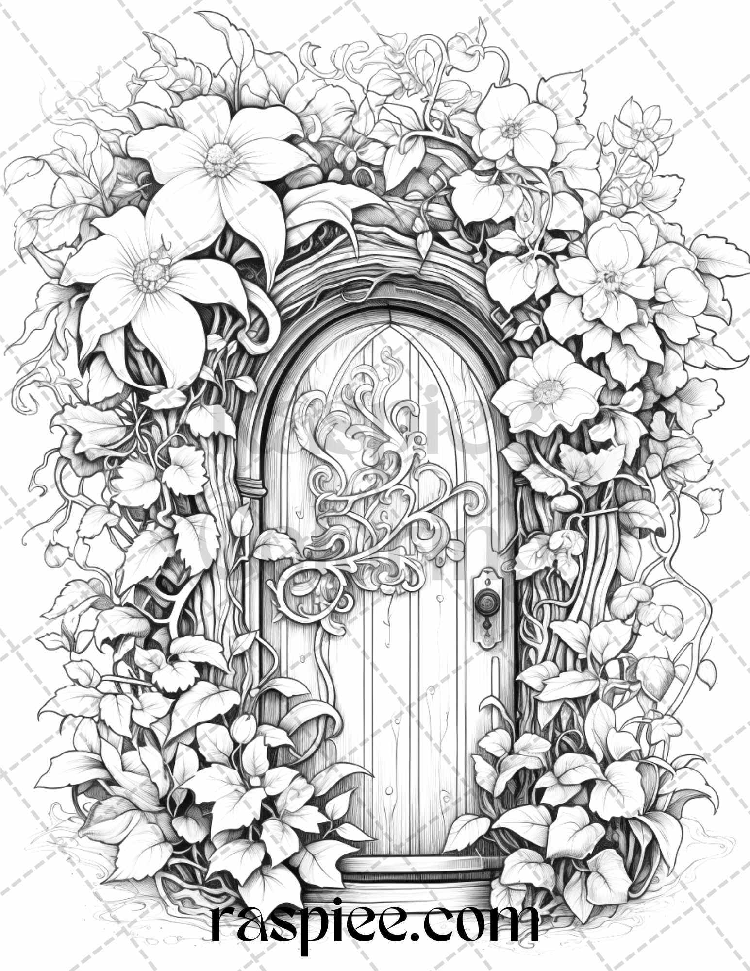 Flower fairy doors grayscale coloring pages printable for adults p â coloring