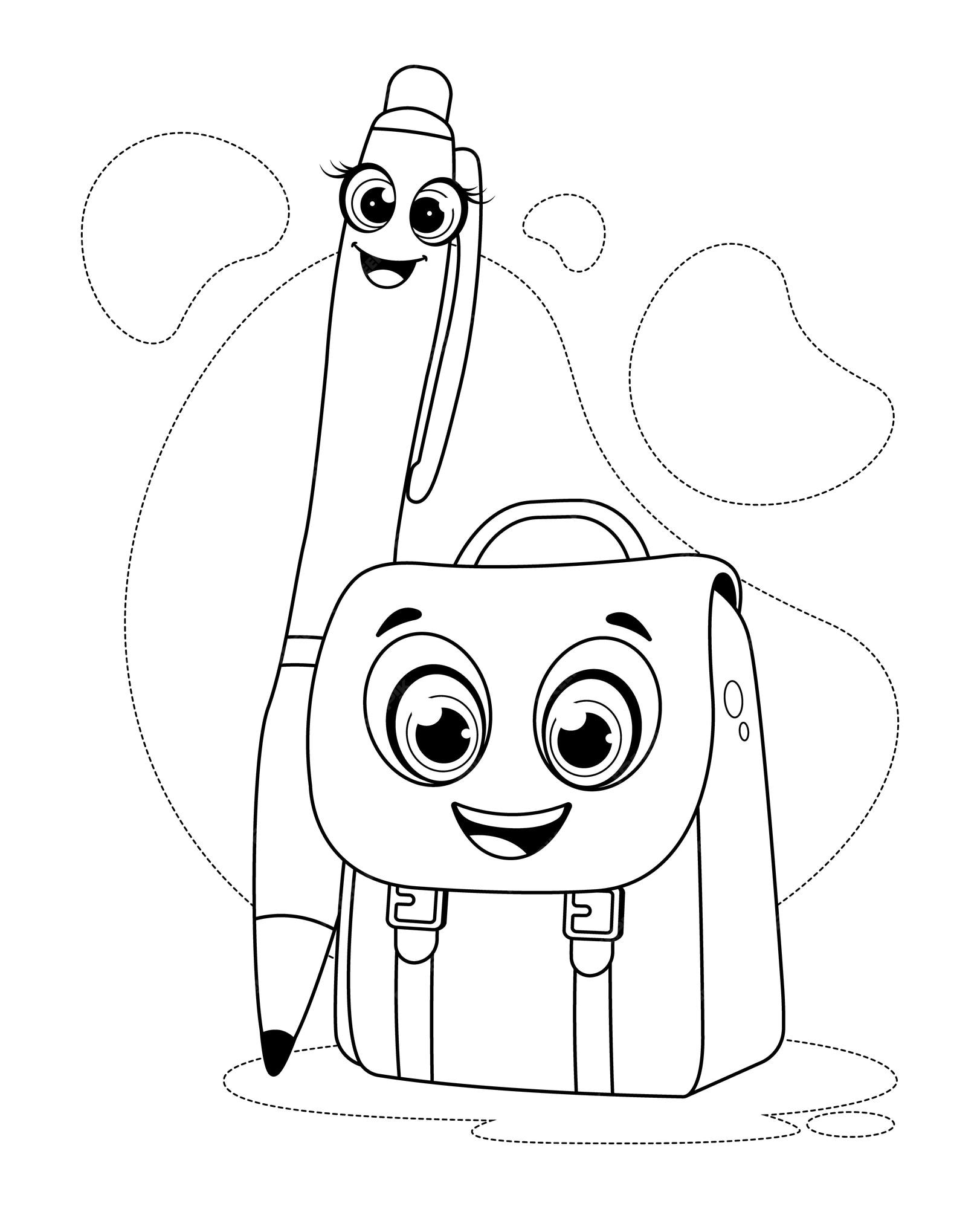 Premium vector coloring page funny characters pen and school bag