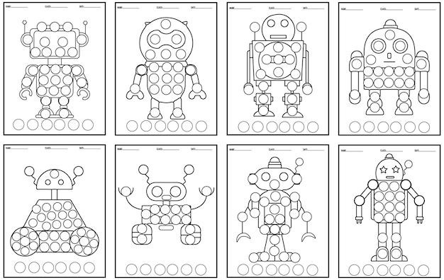 Premium vector robot coloring book dot markers for kids mechanical character design