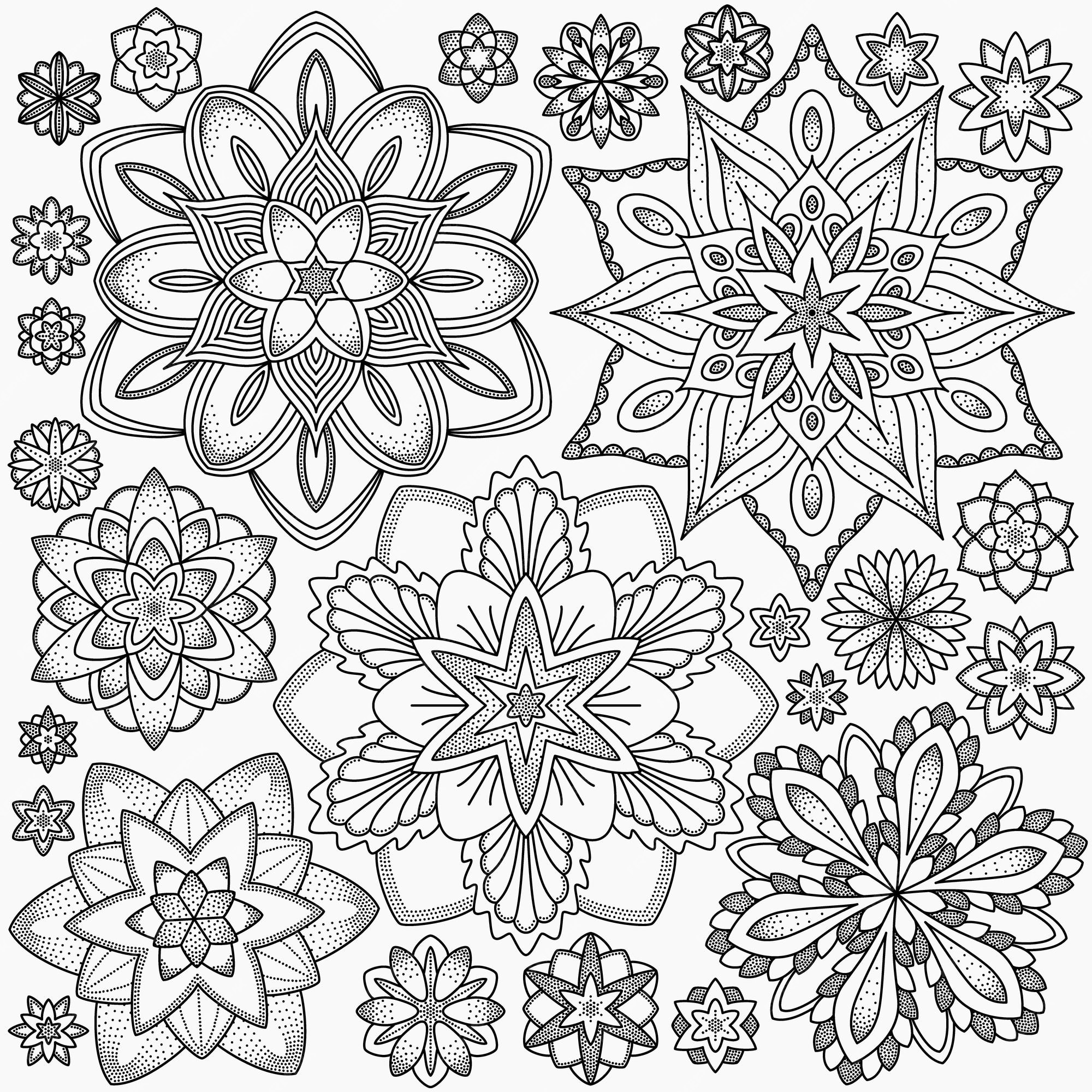 Premium vector line flowers coloring page monochrome image black and white unusual floral pattern for coloring book line design decoration intricate flowers texture with polka dot hand drawn eps vector