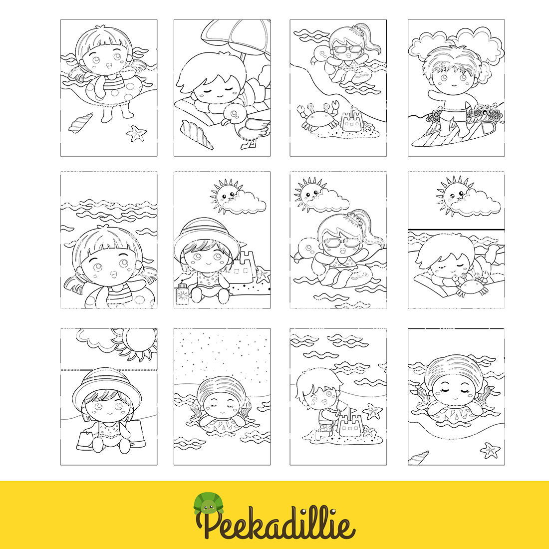 Summer kids at the beach holiday coloring pages activity for kids and adult