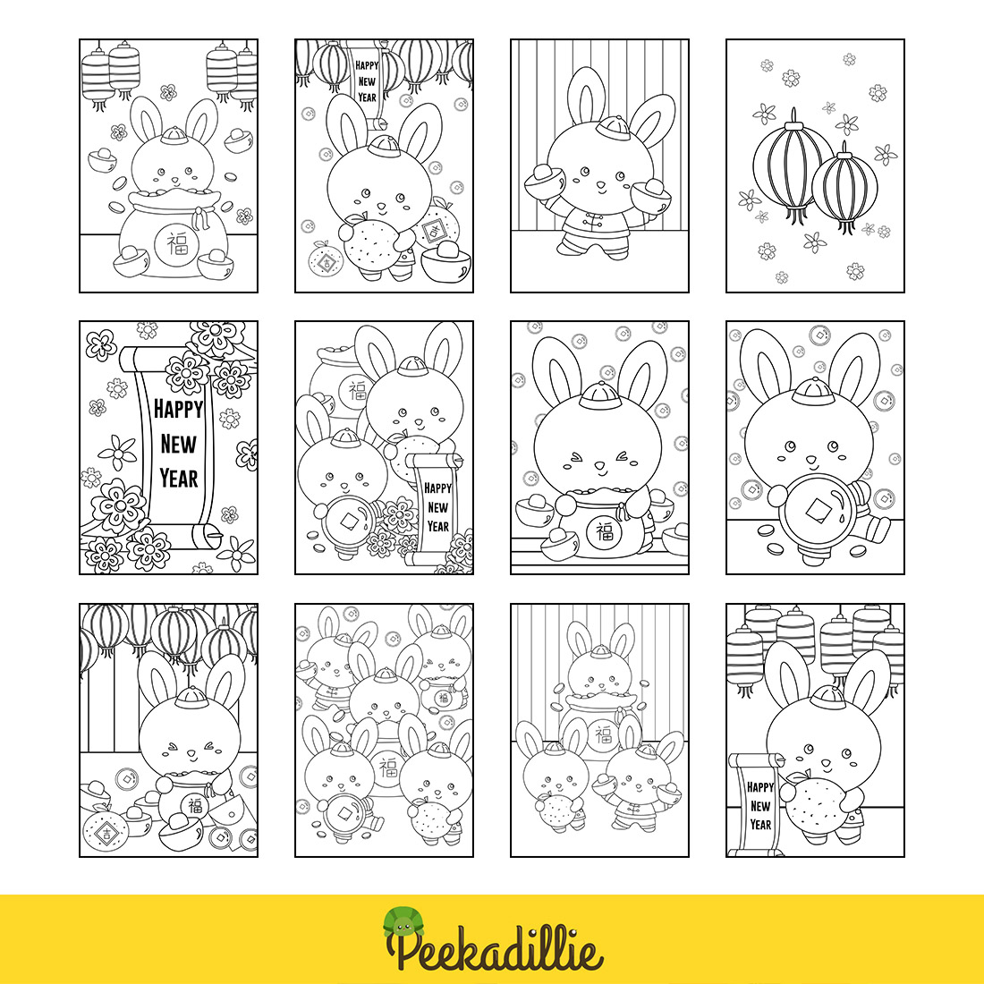 Cute happy rabbit chinese new year party animal cartoon coloring pages for kids and adult