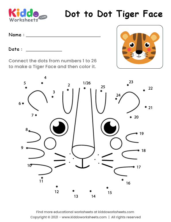 Free printable dot to dot tiger face worksheet