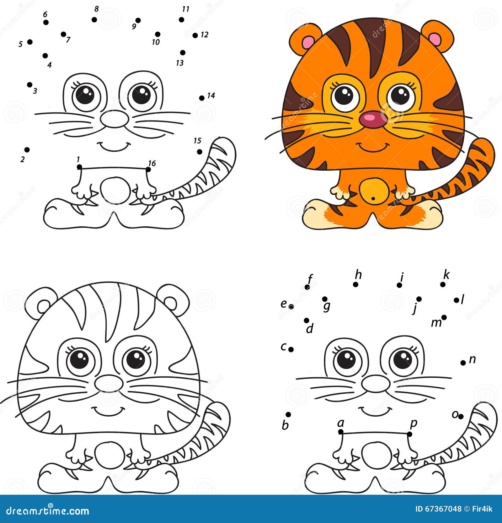 Cartoon tiger coloring book and dot to dot game for kids stock vector