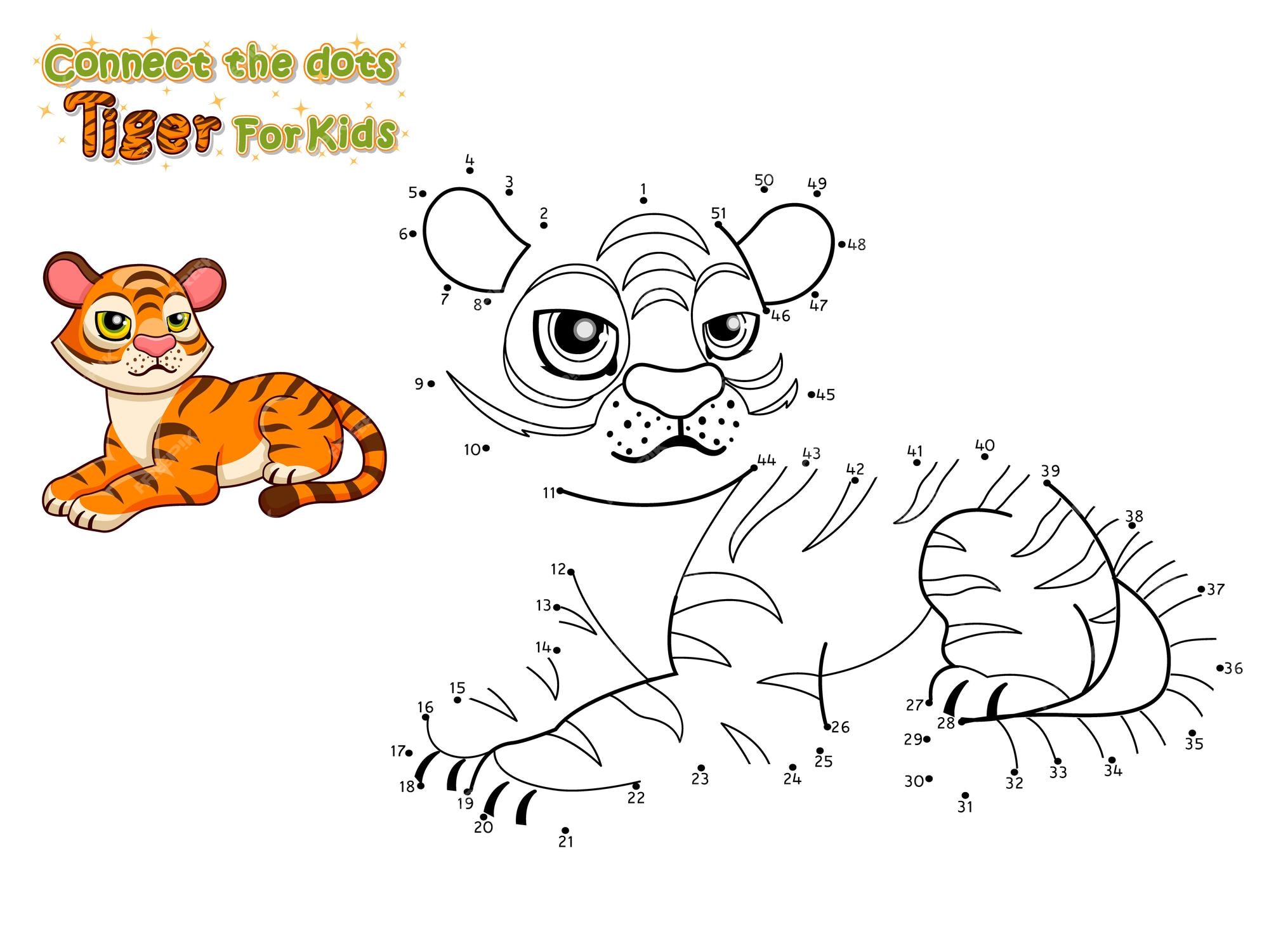 Premium vector connect the dots and draw cute cartoon tiger crafts and worksheets for kid vector illustration learning letters for toddlers preschool kindergarten