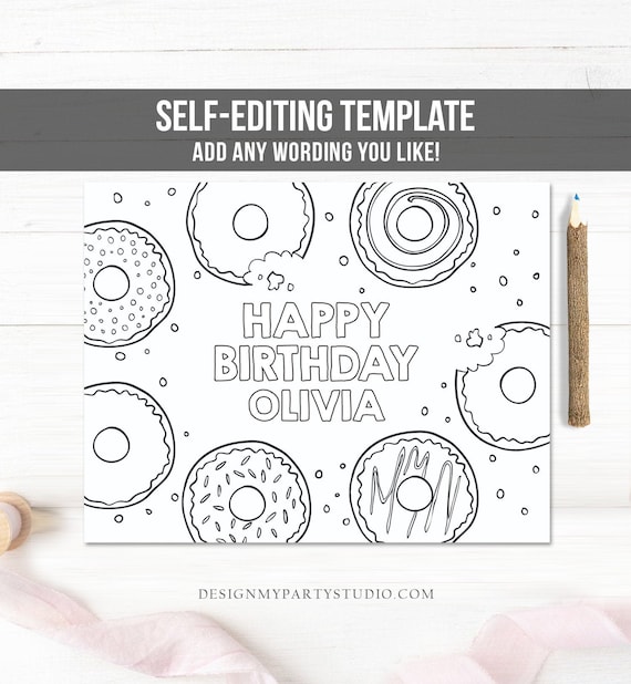 Editable coloring page donut birthday party activity game