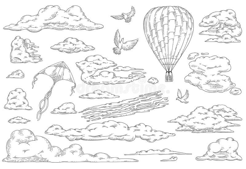Vector clouds dove pegeon hot air balloon kite set stock vector