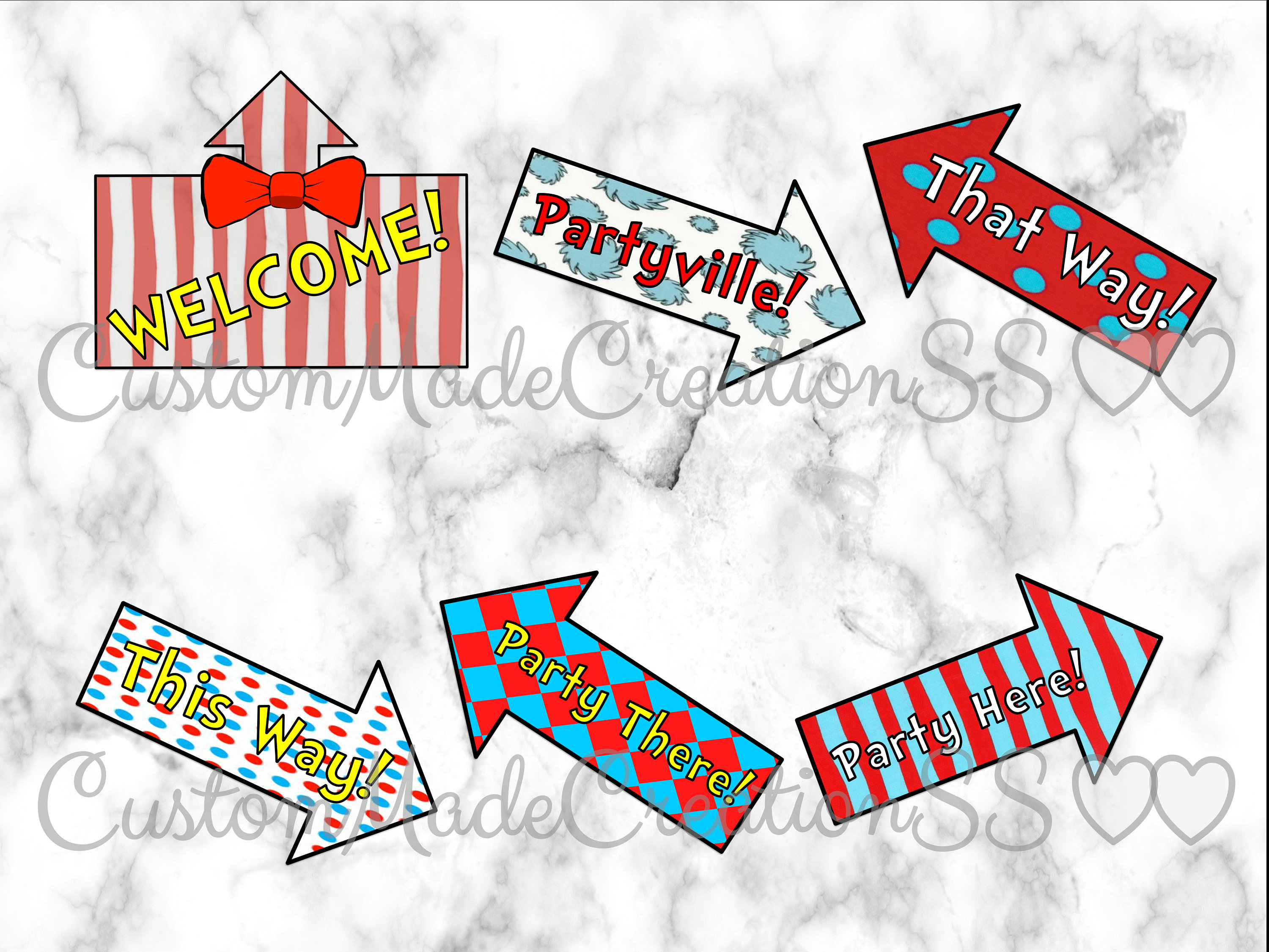 Whimsical direction arrows party signs this way that way party here party there whimsical decorations red white teal aqua