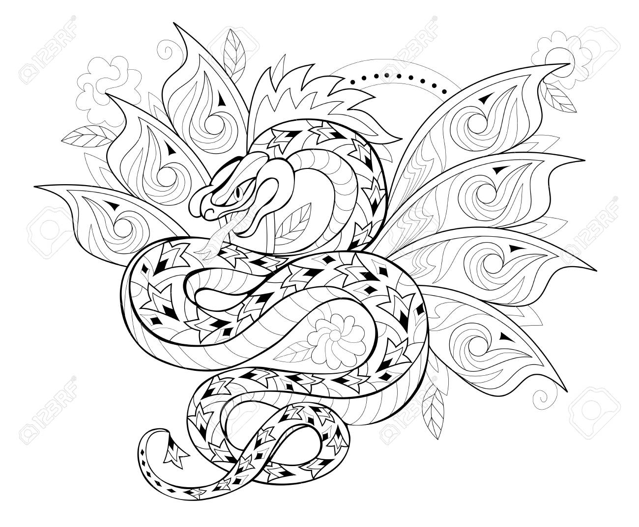 Stylized dragon in jungle black and white page for coloring book pattern for modern print embroidery henna mehndi tattoo and decoration hand