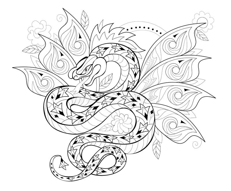 Stylized dragon in jungle black and white page for coloring book pattern for modern print embroidery henna mehndi tattoo stock vector