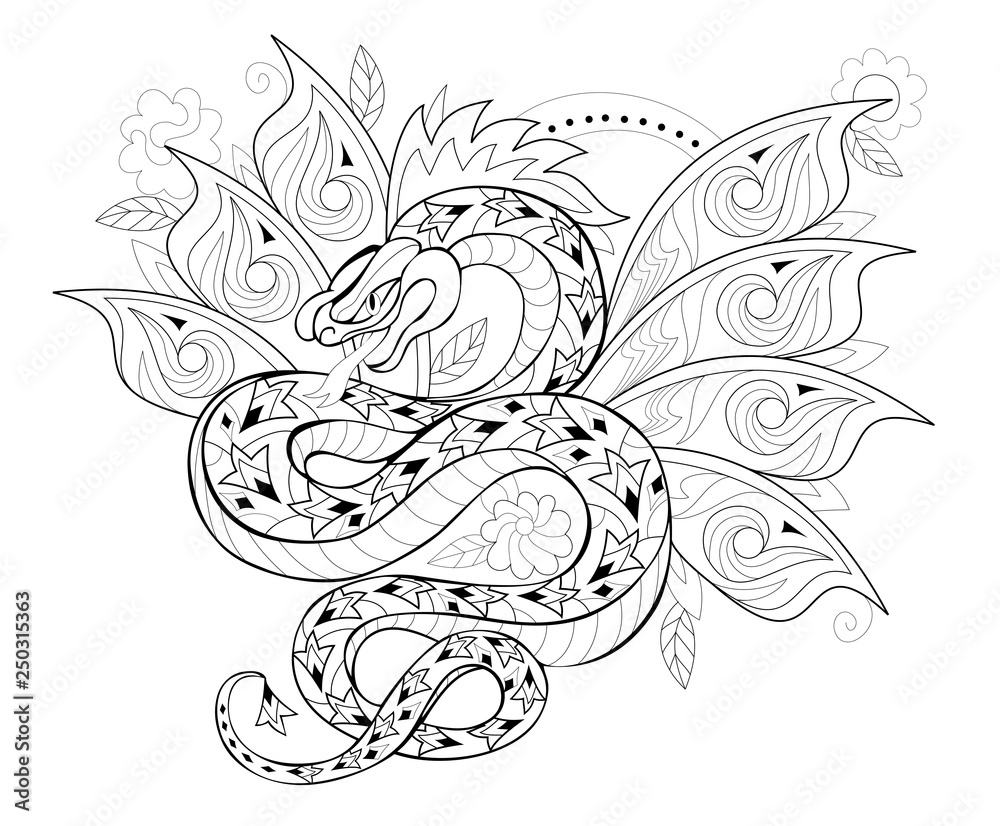 Stylized dragon in jungle black and white page for coloring book pattern for modern print embroidery henna mehndi tattoo and decoration hand
