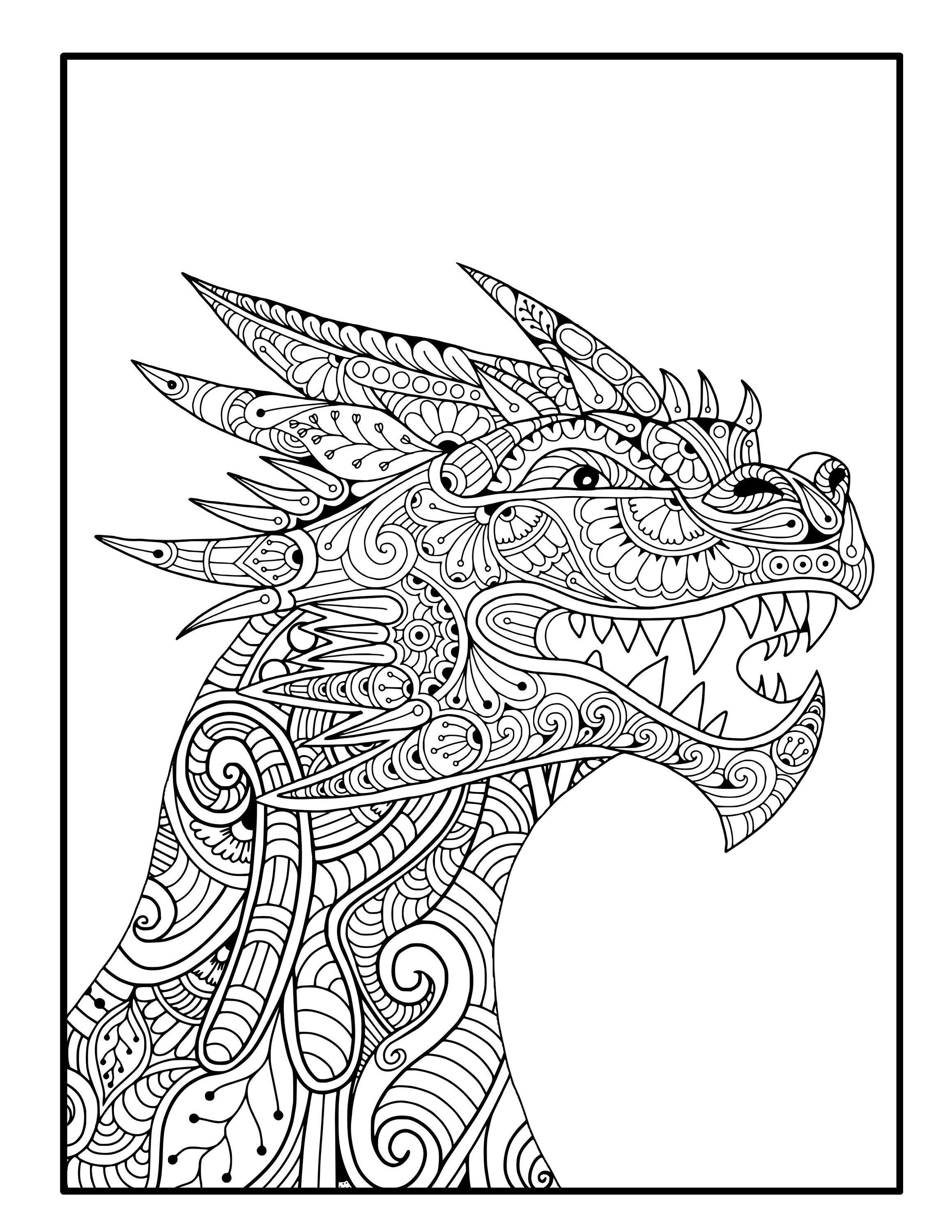Zentangle dragon head coloring page cricut pattern silhouette variety of file types instant download