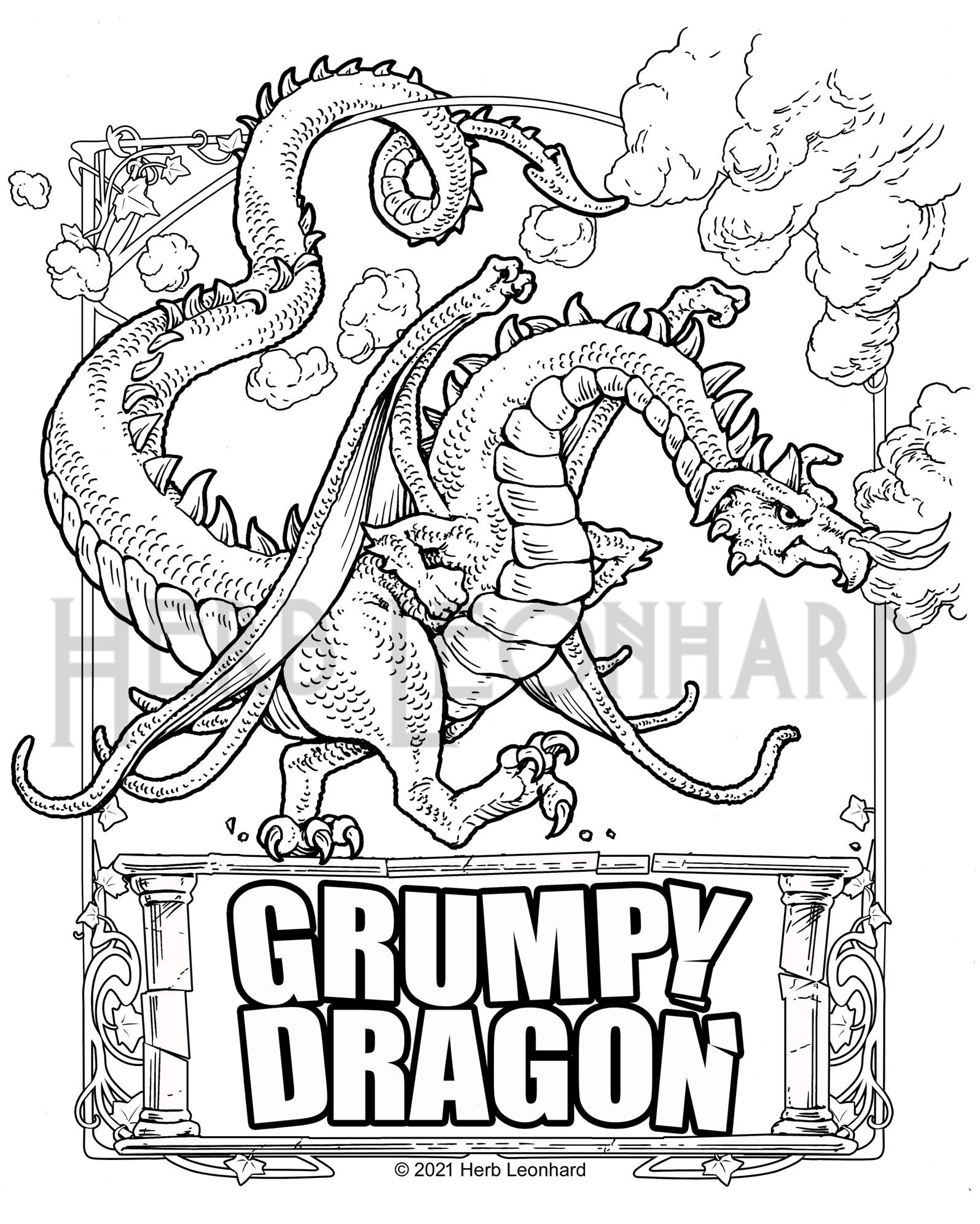 Grumpy dragonlazy summer dragon adult coloring pages herb leonhard digital coloring pages instant pdf download printable color