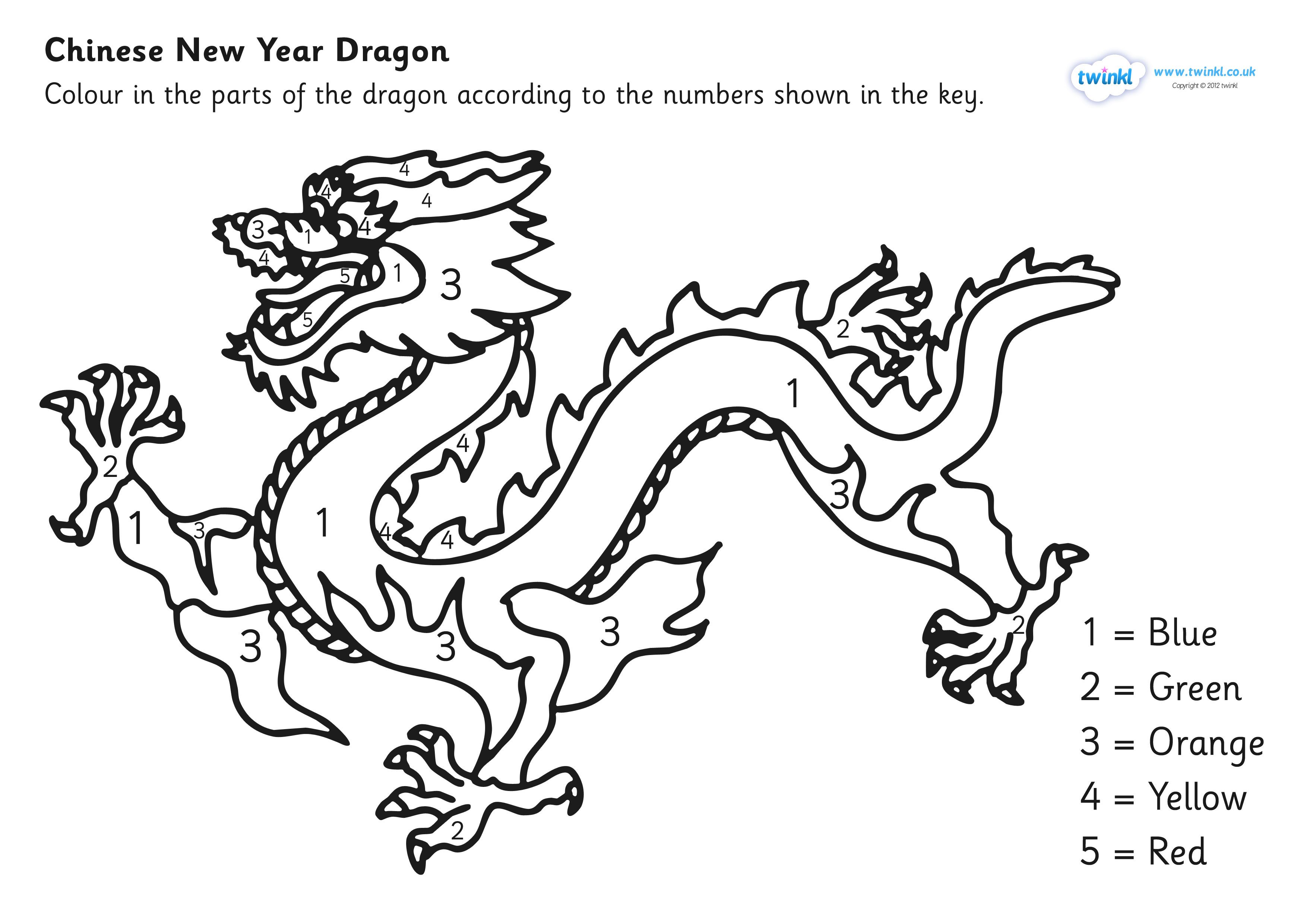 Chinese dragon louring by numbers sheet