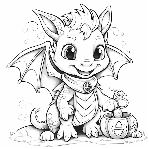 Premium ai image a coloring page of a dragon with a trick bag and a pumpkin generative ai
