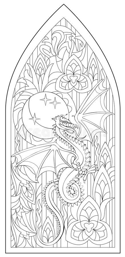 Page with black and white drawing of beautiful medieval gothic window with stained glass anâ dragon coloring page fairy coloring pages adult coloring book pages