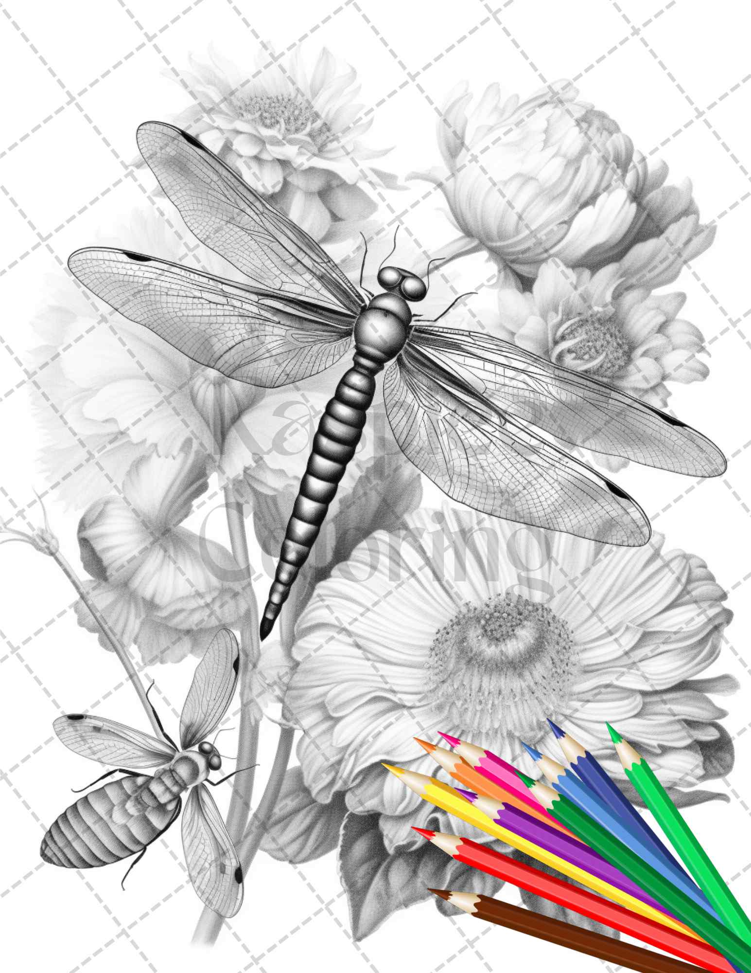 Vintage botanical dragonfly grayscale coloring pages printable for adu â coloring