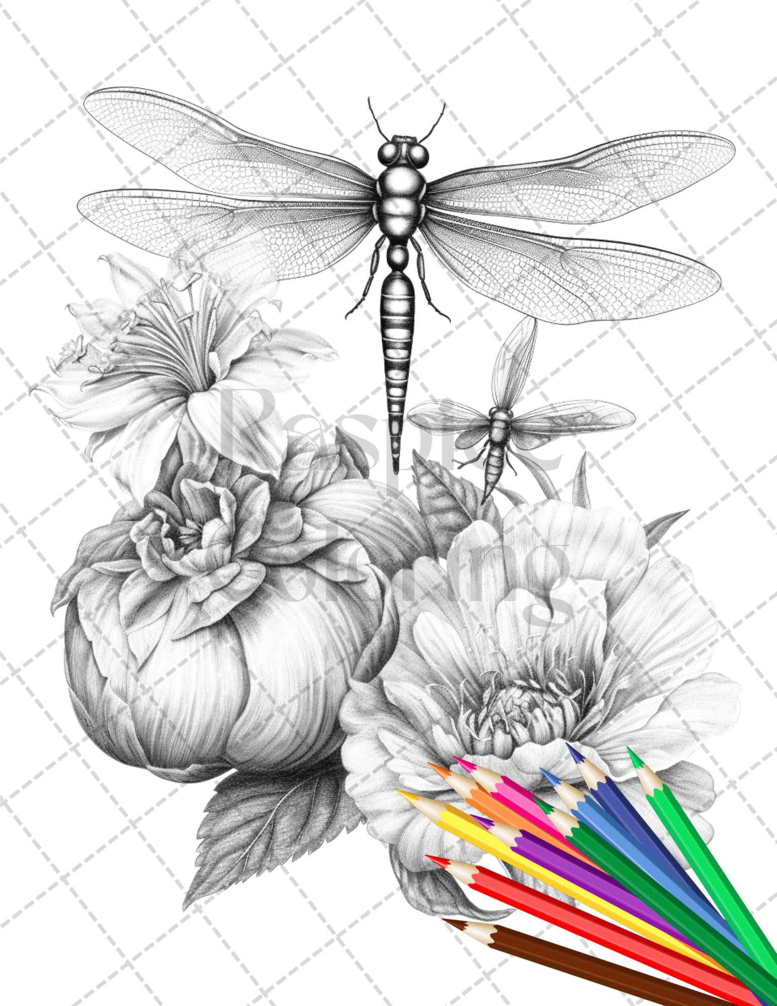 Vintage botanical dragonfly grayscale coloring pages printable for adu â coloring