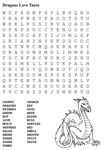 Dragons love tacos word search and color teaching resources