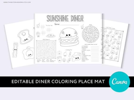 Editable restaurant place mat coloring page pretend play diner activity canva template