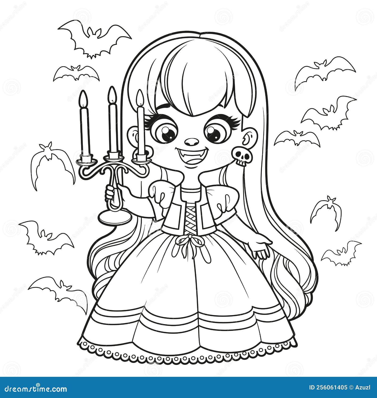 Cute cartoon long haired girl in a halloween vampire costume with chandelier in hand and bats around outlined for coloring page stock illustration