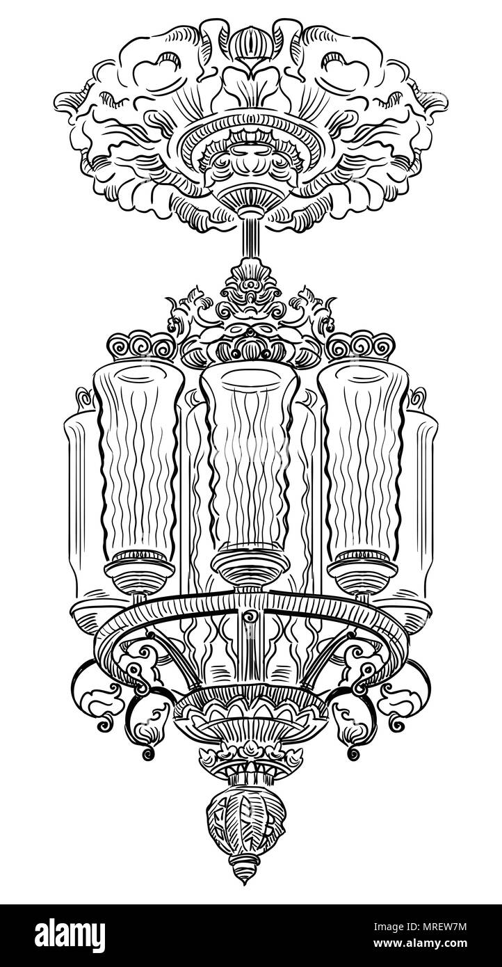 Ancient carving chandelier with stucco from moscow metro vector hand drawing illustration in black color isolated on white background stock vector image art