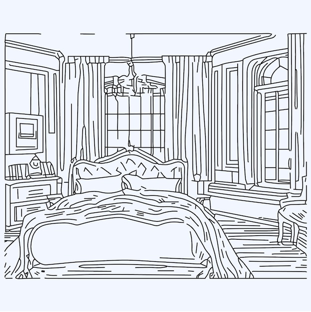 Premium vector a sketch of a bedroom with a bed and a chandelier