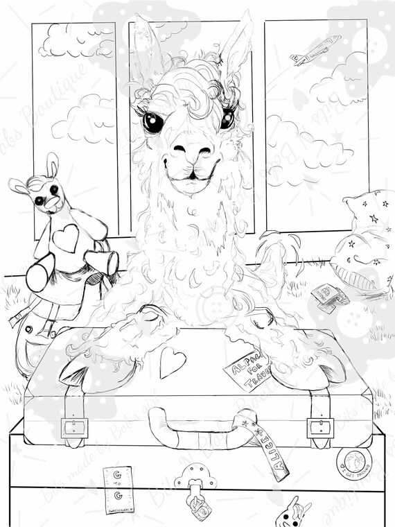Alpacad for travel coloring page llama art coloring pages for adults coloring pages for kidsdigital download only download now