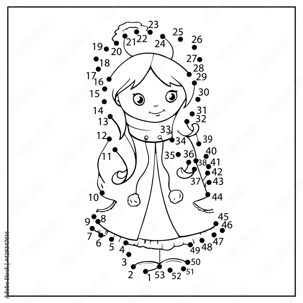 Kids game dot to dot drawing of little cute girl educational worksheet for numbers learn activity page and drawing tutorial coloring page vector