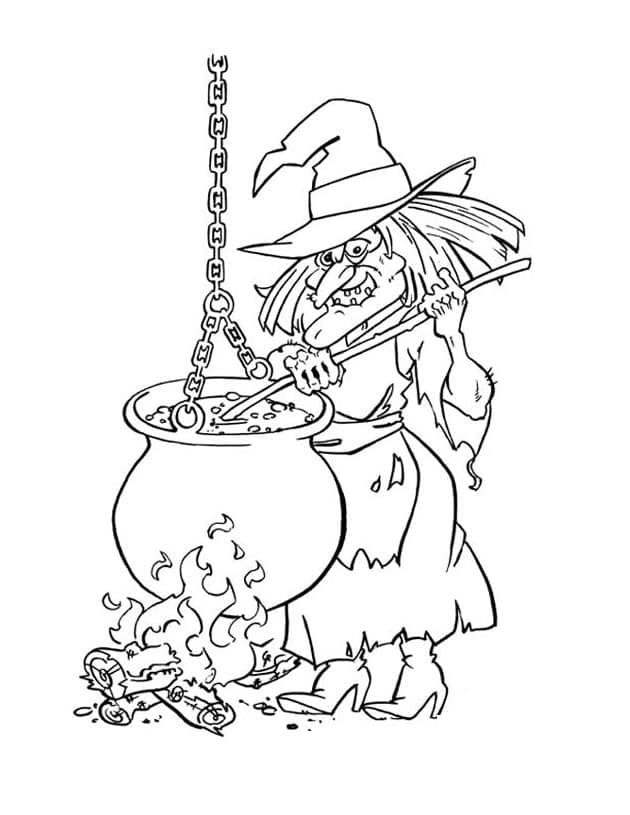 Witch and cauldron coloring page
