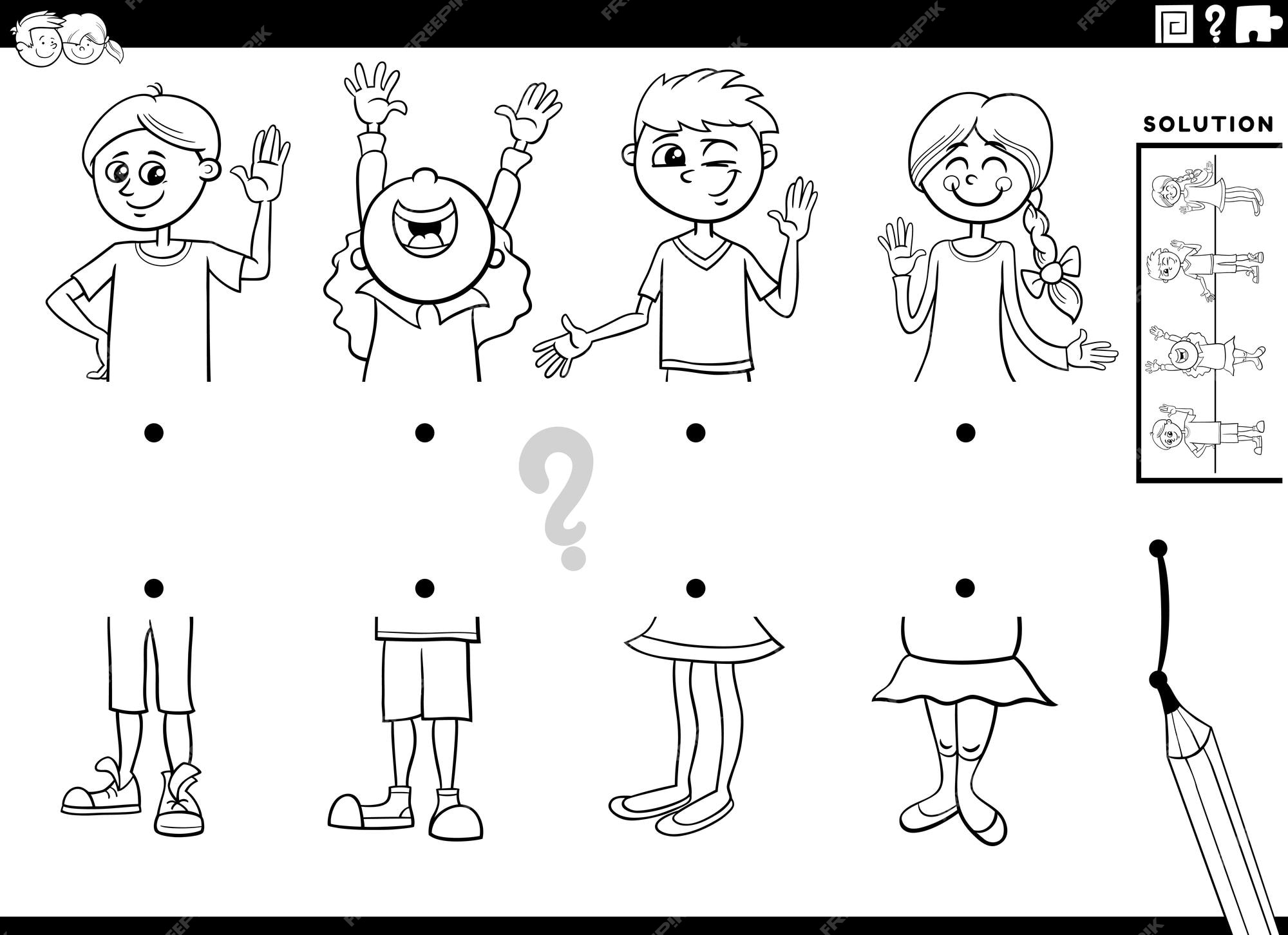 Premium vector black and white cartoon illustration of educational activity of matching halves of pictures with children characters coloring page