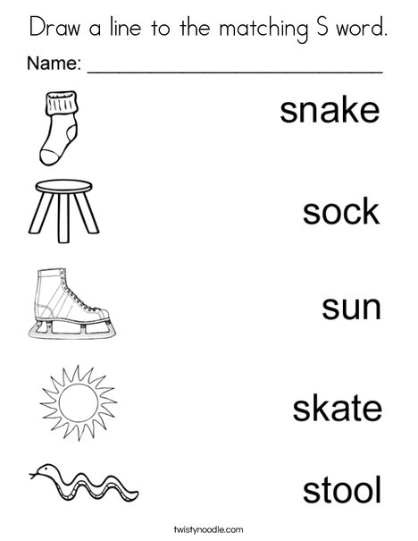 Draw a line to the matching s word coloring page