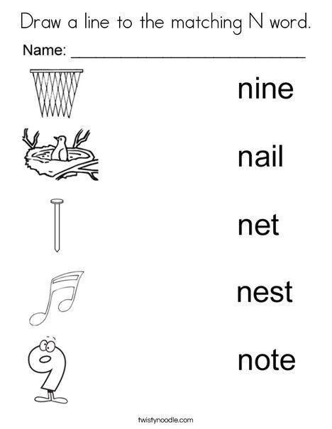 Draw a line to the matching n word coloring page handwriting worksheets for kids words coloring pages
