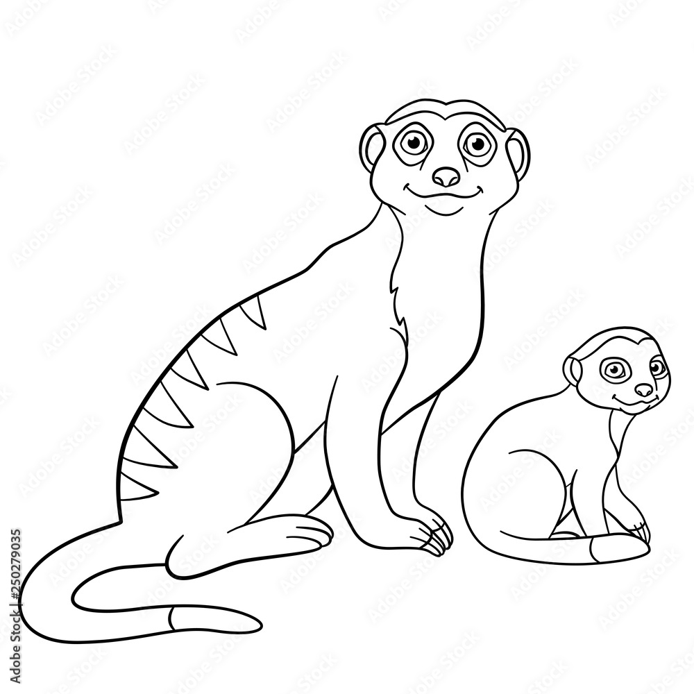 Coloring pages mother meerkat with her cute baby vector
