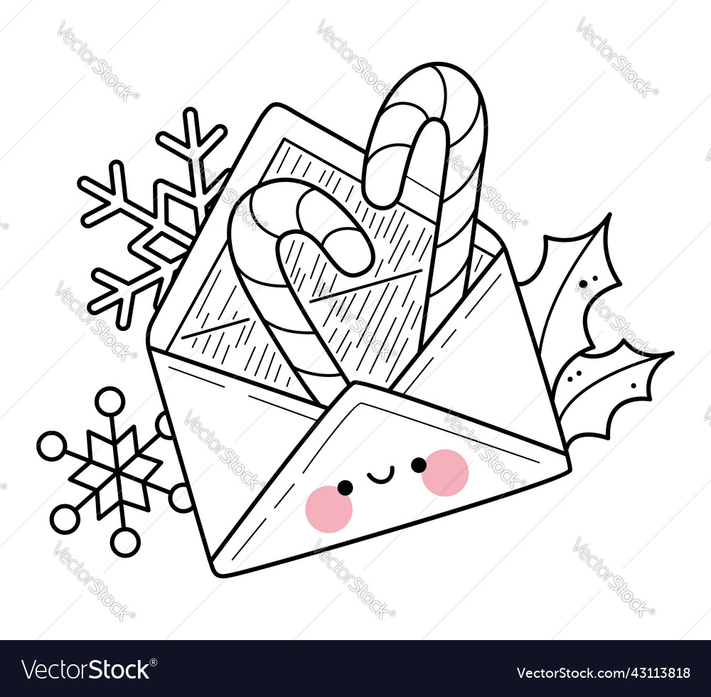 Kawaii christmas envelope coloring page royalty free vector