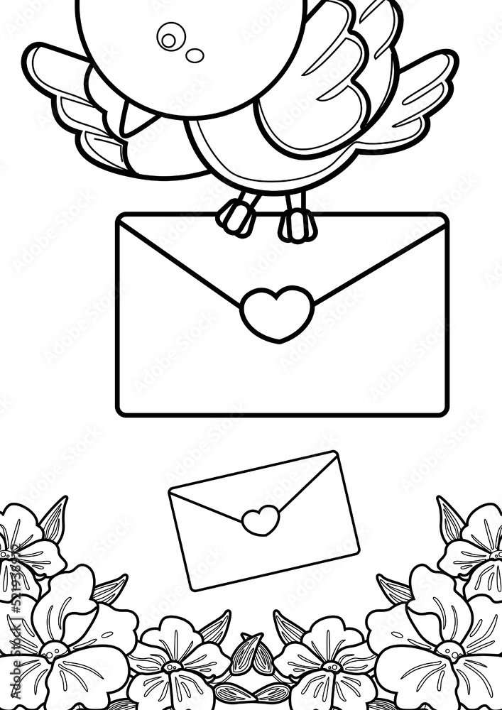 Love birds envelope theme coloring pages a for kids and adult vector