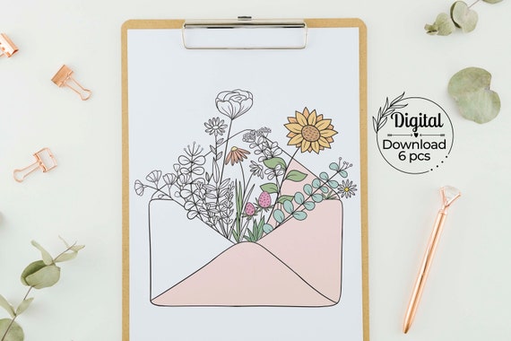 Coloring pages set of botanical hand drawn floral envelopes aesthetic cottagecore relaxing coloring